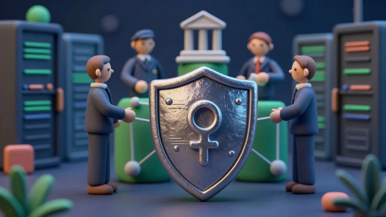 Clay rendered shield protecting a secure network of connected financial nodes.