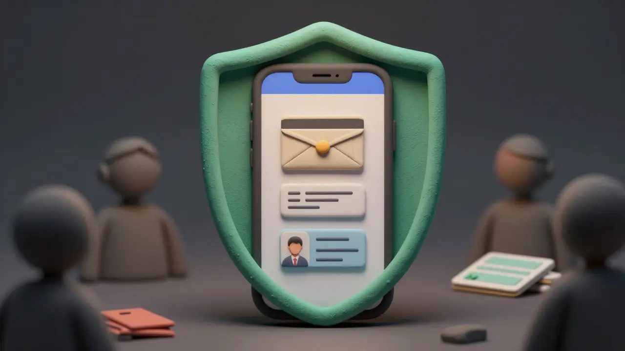 Clay shield protecting phone with security icons against fraud risks