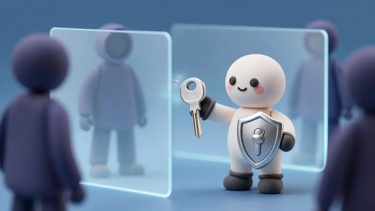 Claymation character holding a hardware security key as a shield against hackers