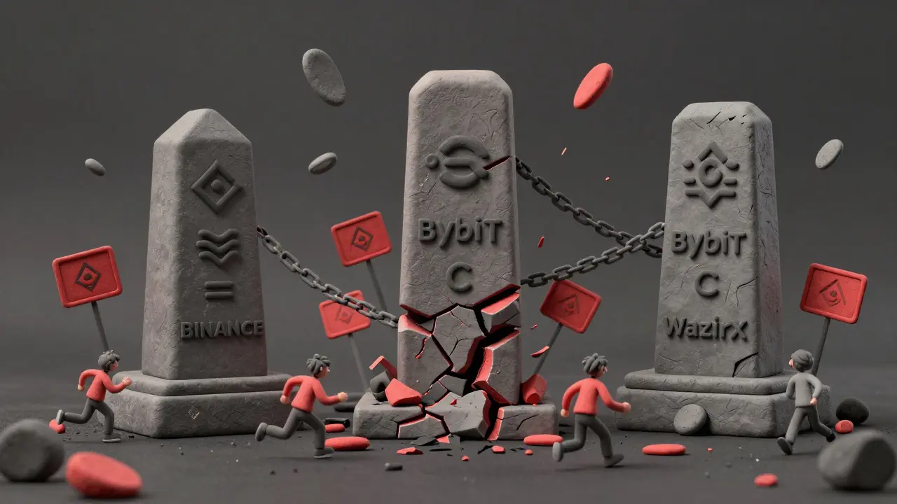 Claymation illustration of collapsing exchange platforms with red warning signs.