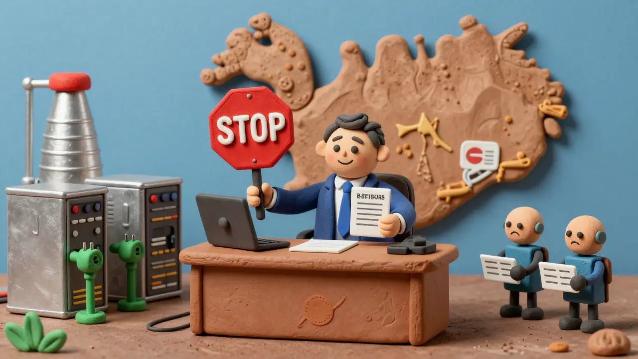Claymation scene showing government prioritizing industry over crypto mining energy.