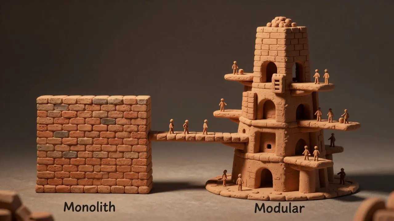 Comparison of simple brick wall vs complex bridged structures in clay render style