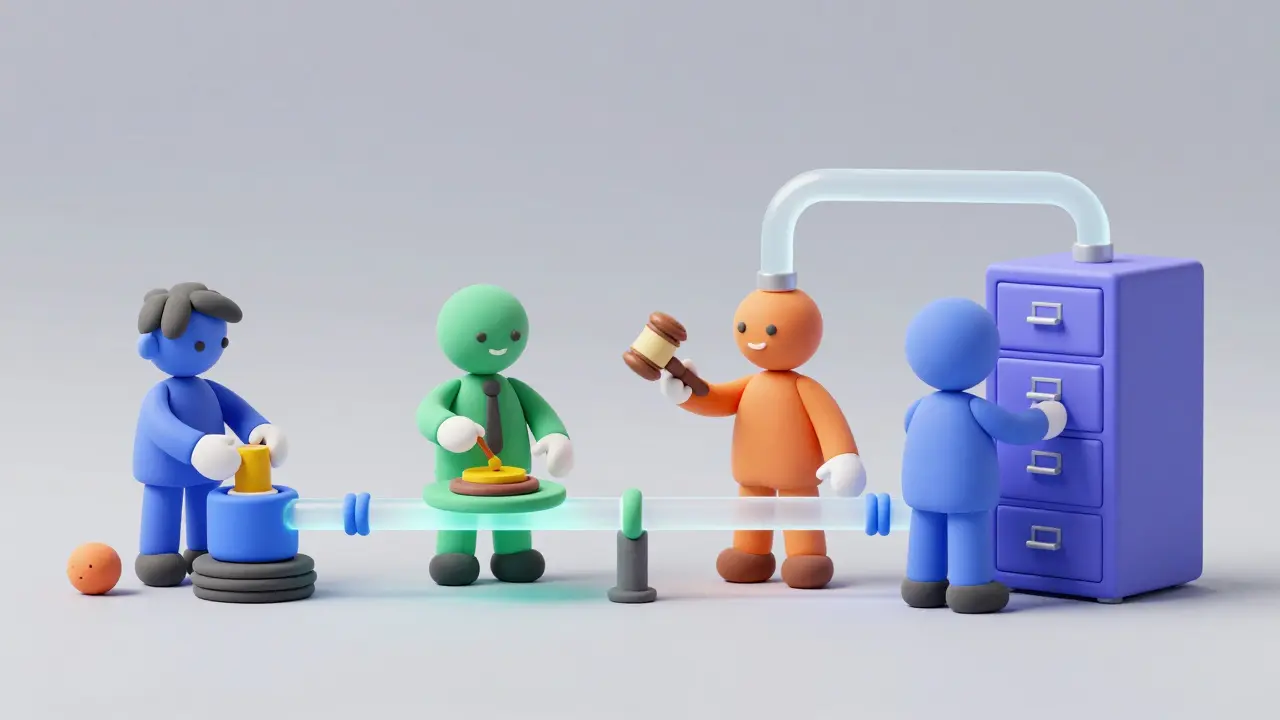 Four specialized clay figures collaborating via glowing pipes, showing modular efficiency