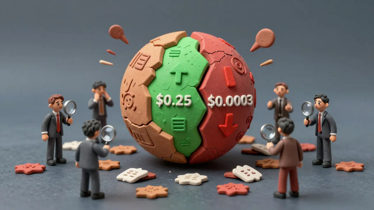 Split clay sphere showing conflicting price data and confused investor figures.