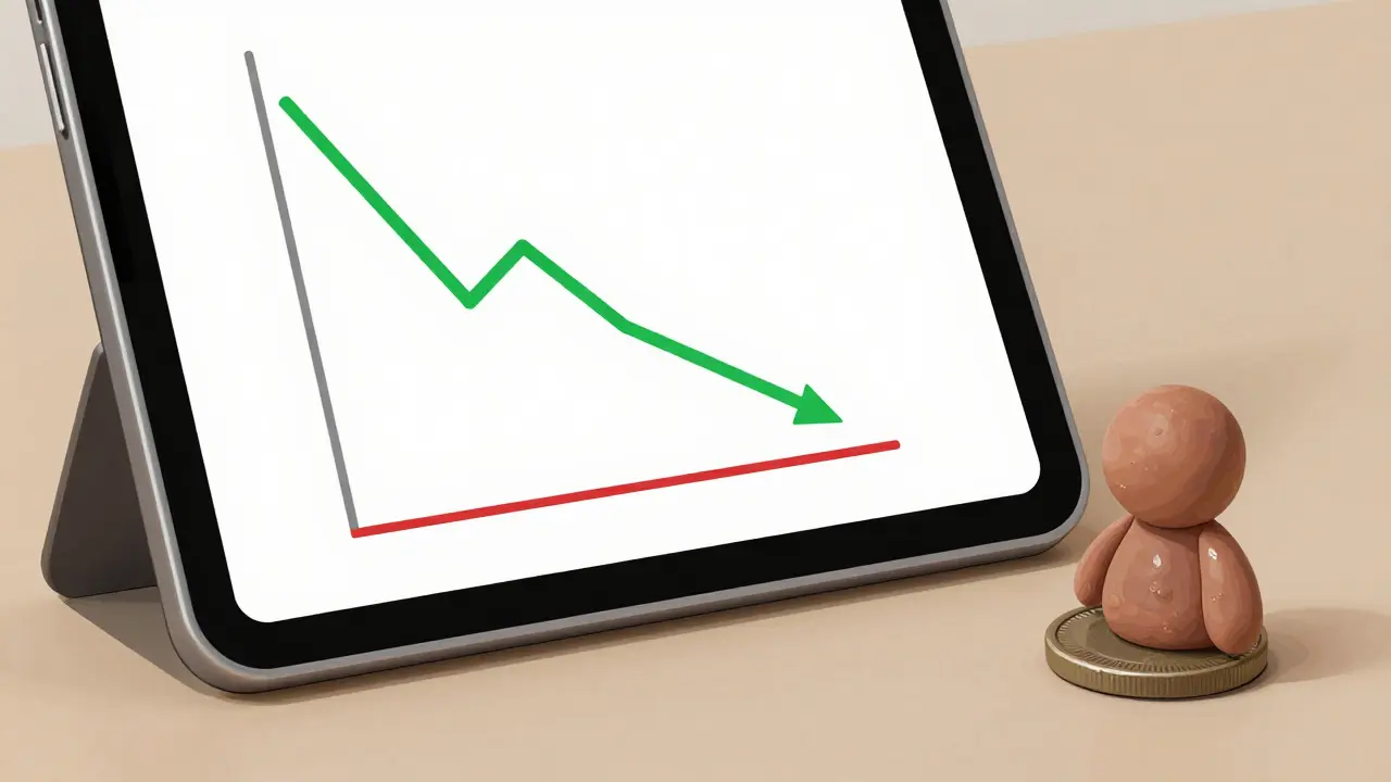 Tablet showing flat crypto chart with dull coin model