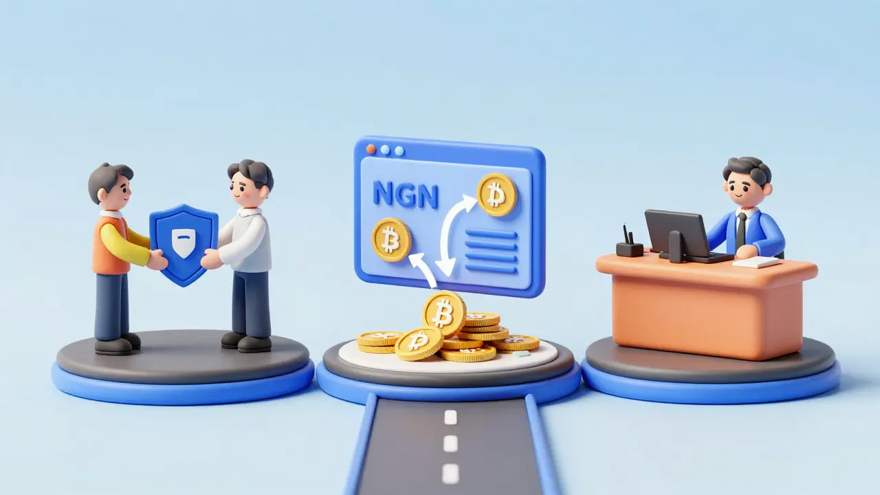 Three clay paths showing P2P, broker, and OTC crypto buying methods