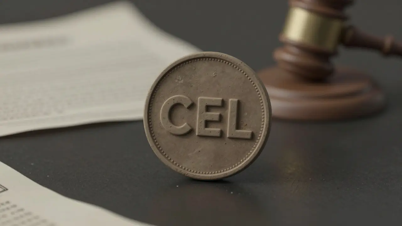 A lonely, faded clay coin on a dark surface, representing the defunct status of the CEL token.