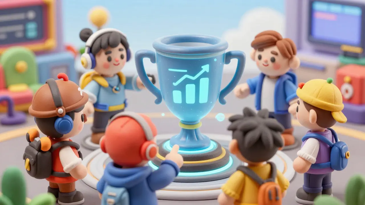 Cartoon avatars celebrating together around a guild trophy in a clay rendering style
