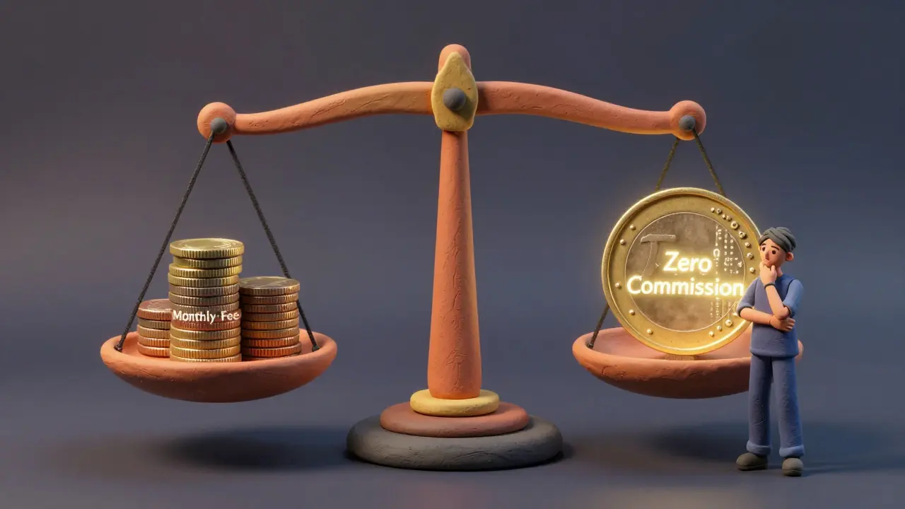 Clay animation style image showing a scale balancing monthly fees against zero commissions