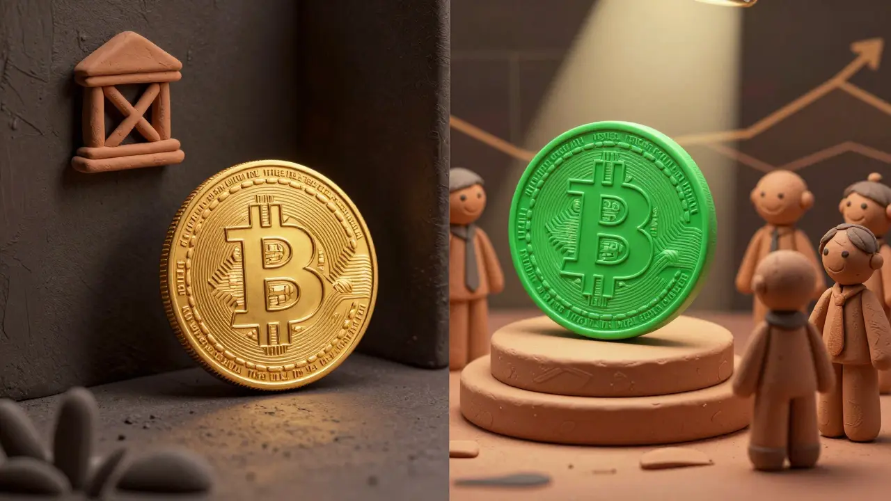 Clay art comparing hidden Bitcoin coin to official Digital Yuan coin