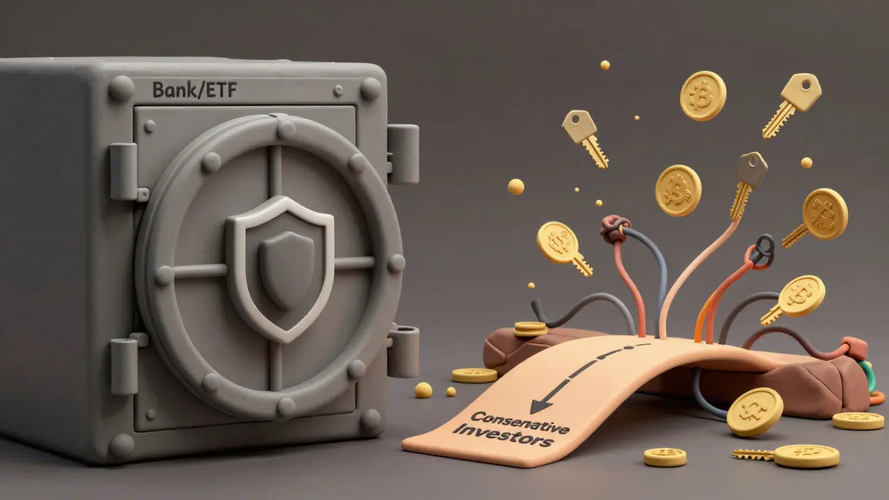 Clay art comparing secure bank vault vs chaotic direct crypto exchange