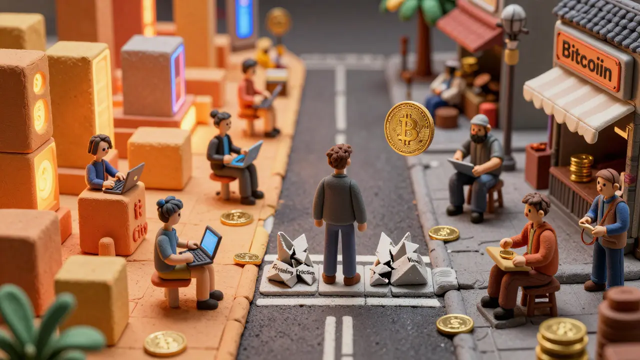 Clay art showing Bitcoin City vision vs local adoption reality