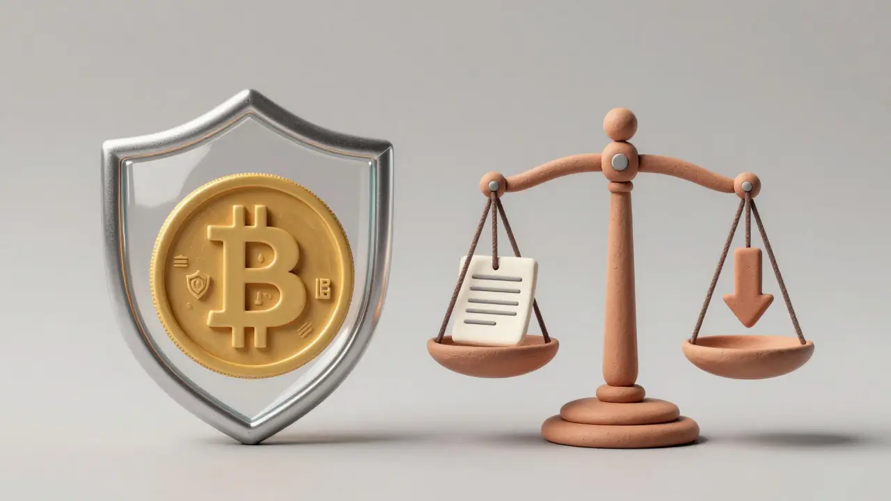 Clay art showing Bitcoin protected by a shield and balanced scales