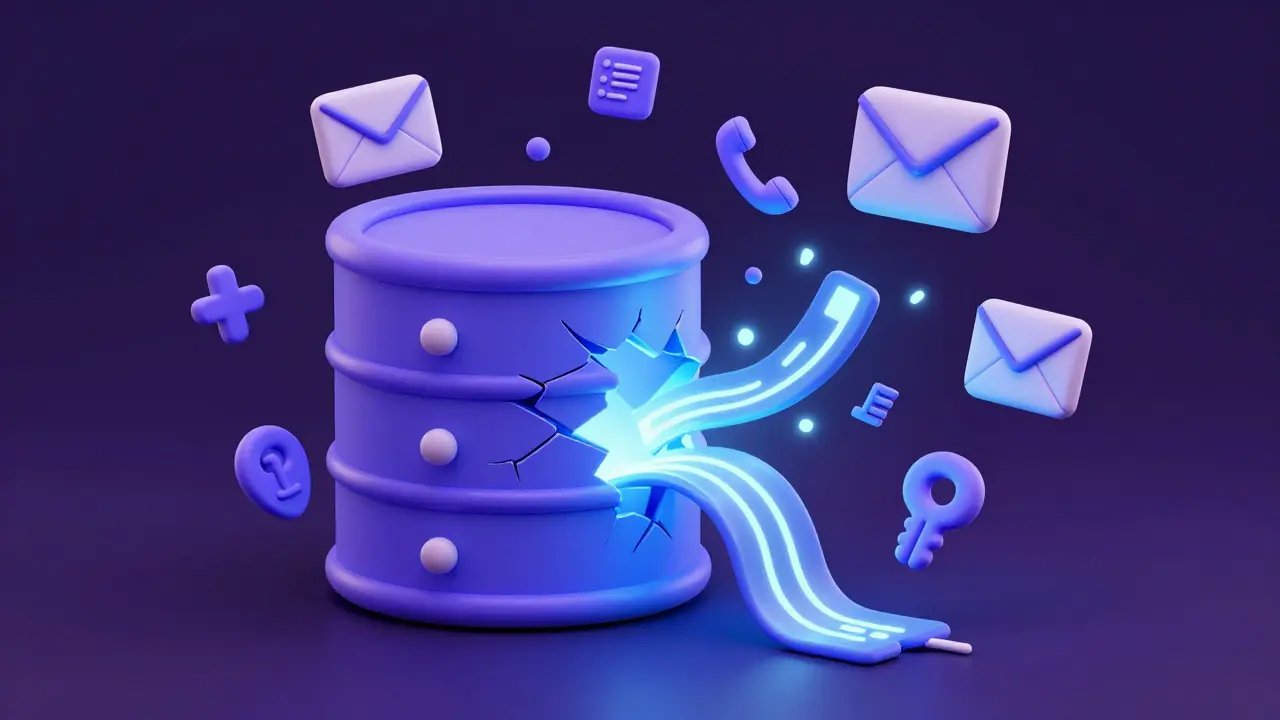 Clay art showing cracked database leaking user data icons
