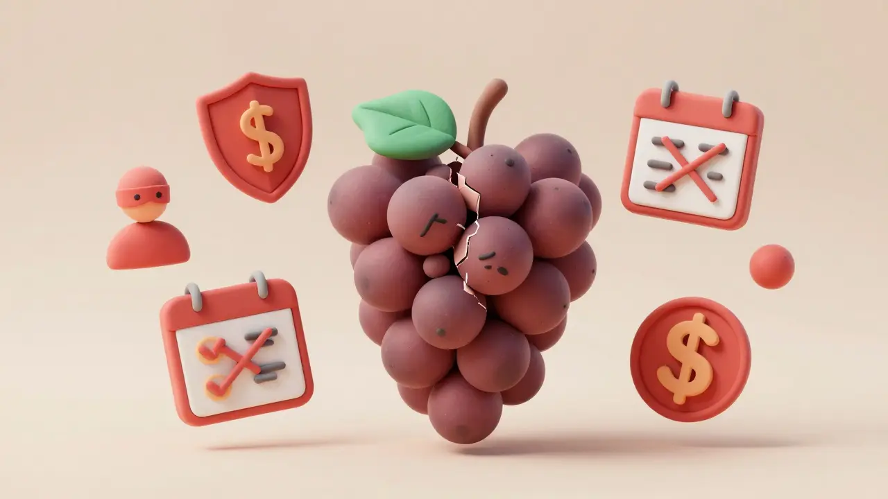 Clay art showing red flags like anonymity and zero volume around a grape