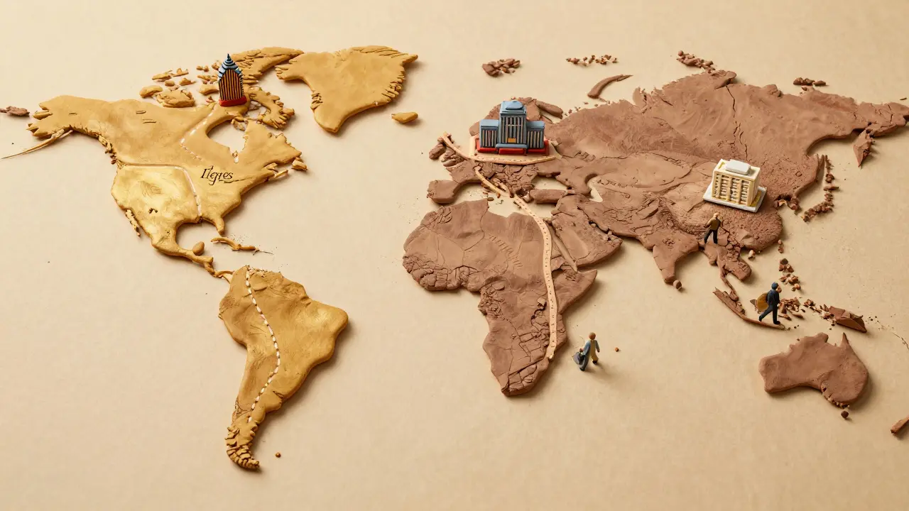 Clay diorama showing easy vs difficult banking paths across a world map