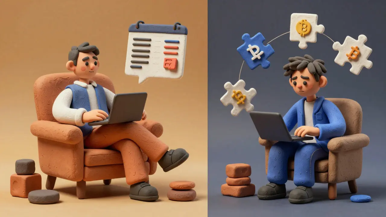 Clay figures contrasting relaxed investor vs frustrated trader