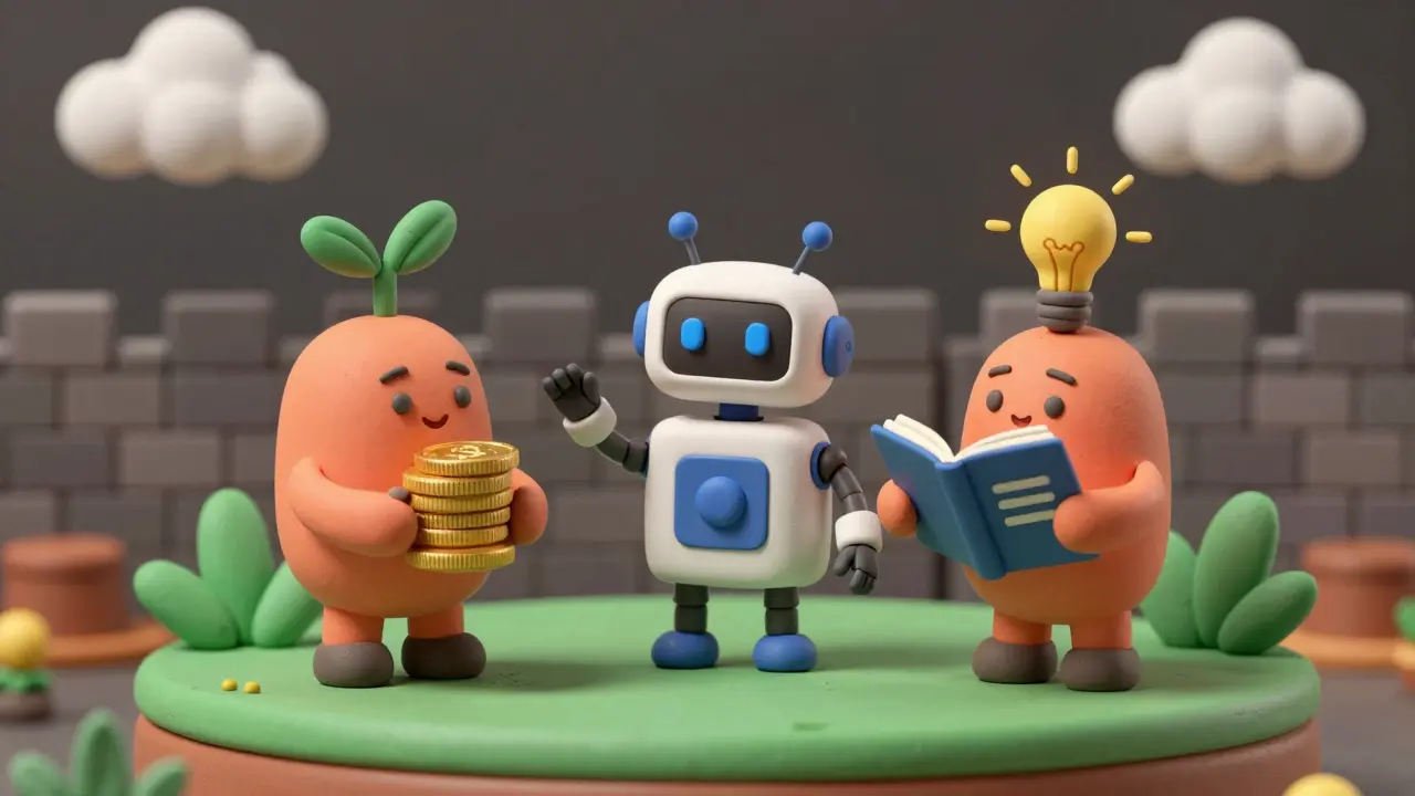 Clay figures demonstrating safe ways to earn crypto through staking and learning.