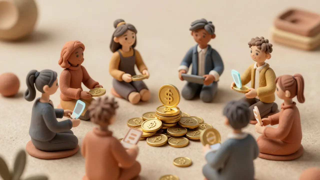 Clay figures exchanging coins and tokens in a peer-to-peer trading scene
