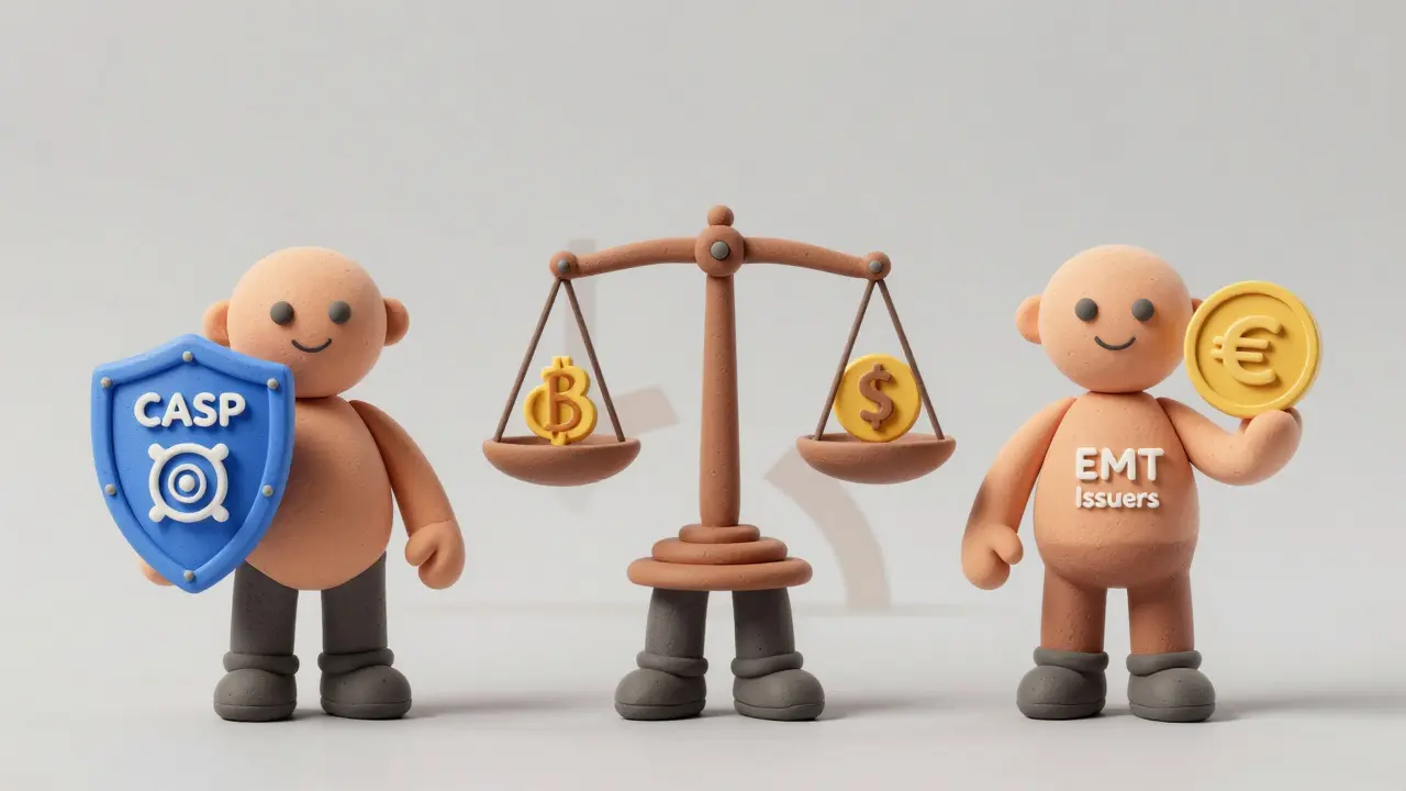 Clay figures representing CASP, ART, and EMT crypto entity types