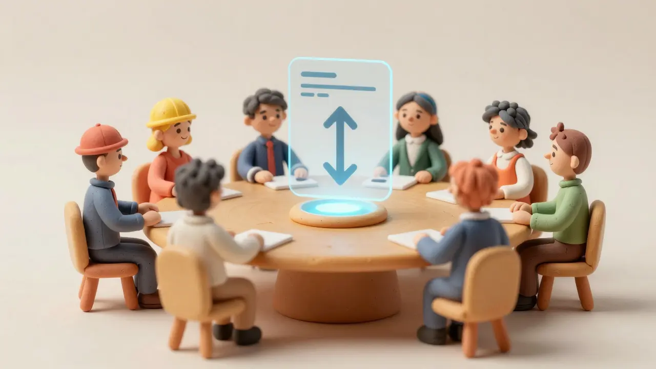 Clay figures voting together at a transparent table in a DAO meeting
