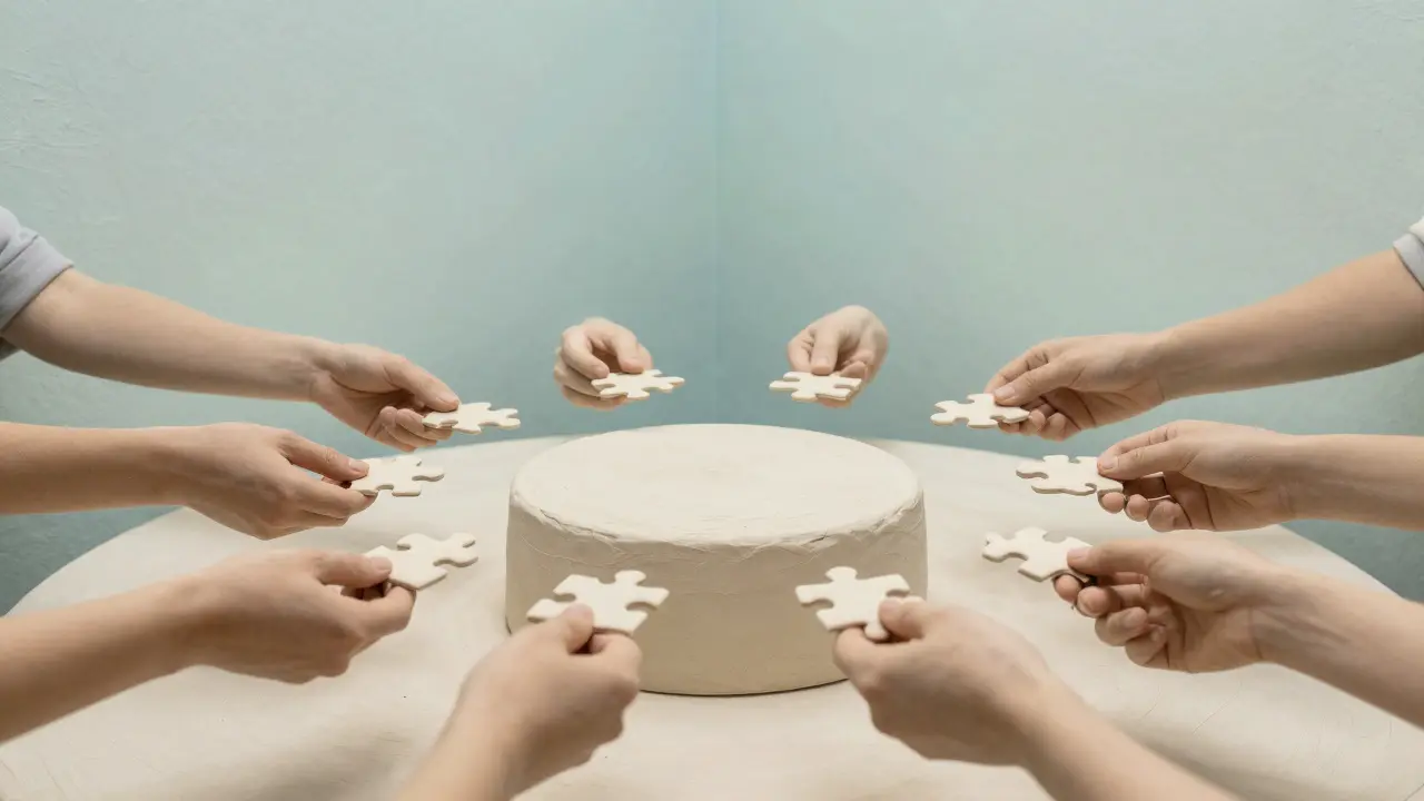 Clay hands reaching together to build a decentralized structure