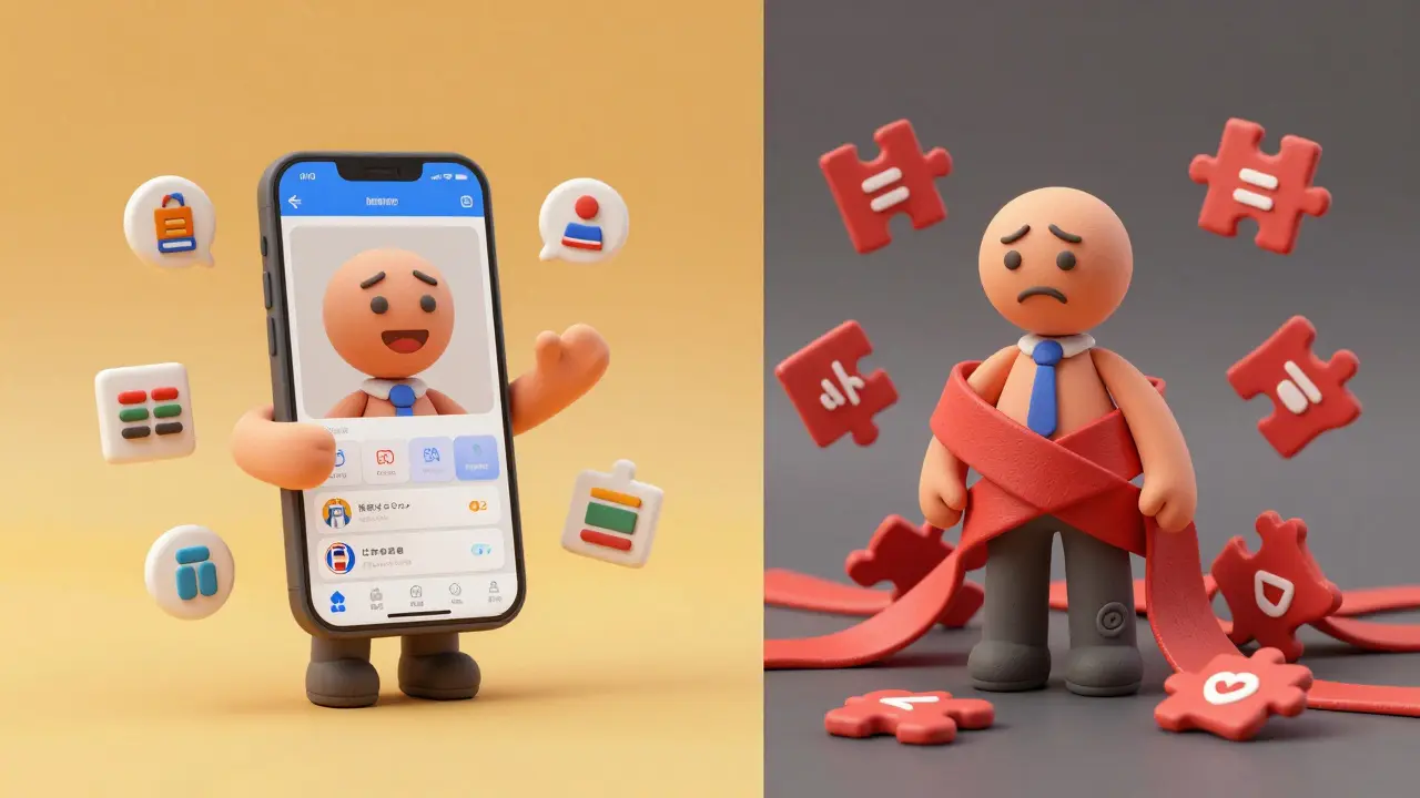 Clay illustration contrasting easy local use with confusing international barriers