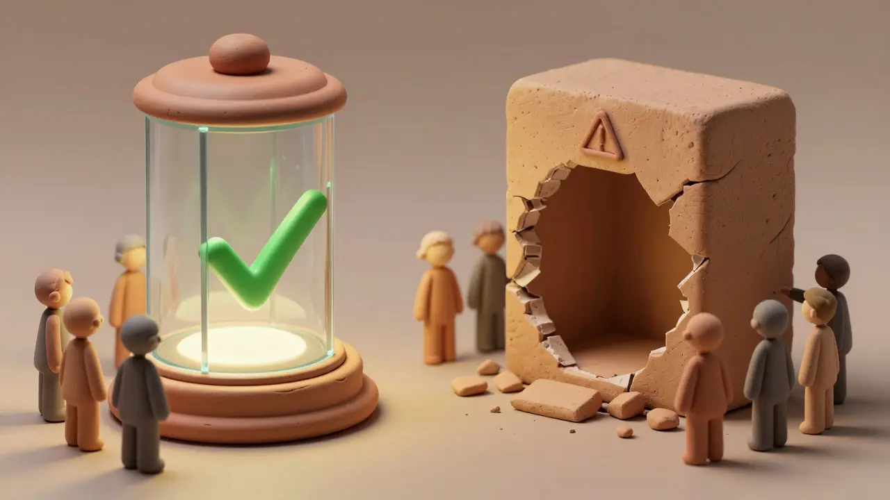 Clay illustration contrasting secure vault with crumbling risky platform