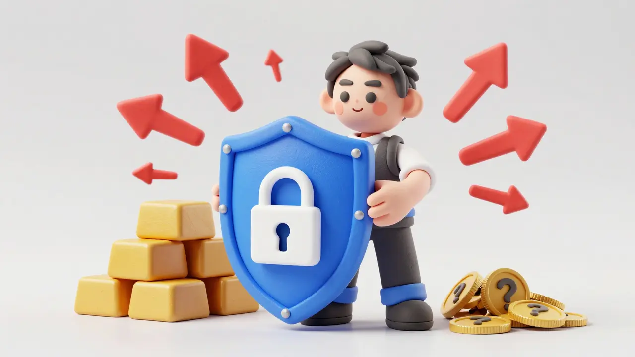 Clay illustration of a character protecting assets with a security shield