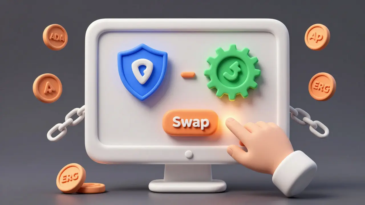 Clay illustration of a user swapping native crypto assets on a PC