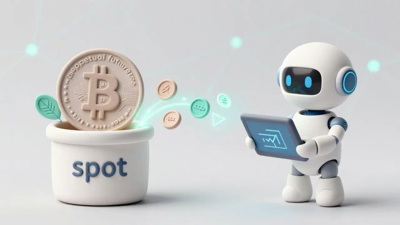 Clay illustration of arbitrage tokens flowing between spot and futures
