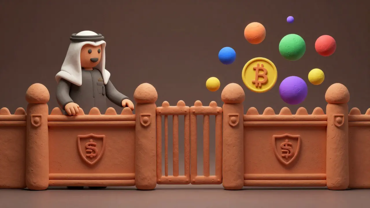 Clay illustration of bank official blocking colorful crypto coins at a gate
