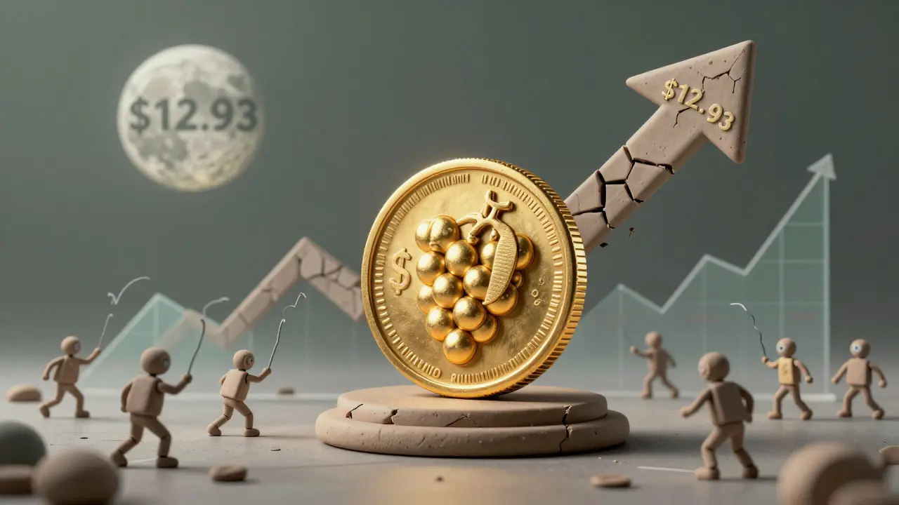 Clay illustration of crypto coin with fake growth arrow and empty charts