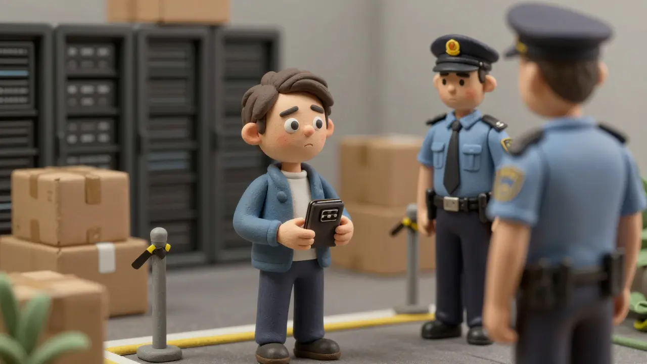 Clay illustration of traveler hiding crypto wallet at border checkpoint