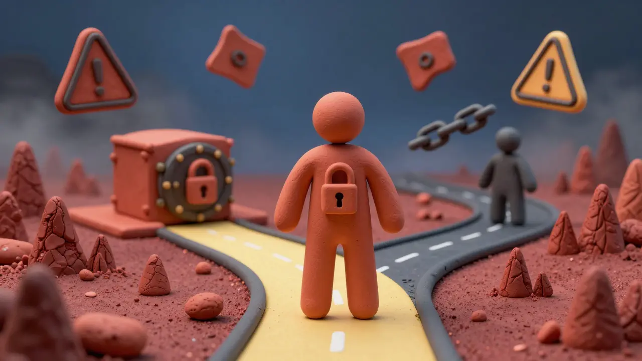 Clay illustration showing safe vs risky paths in crypto with warning symbols