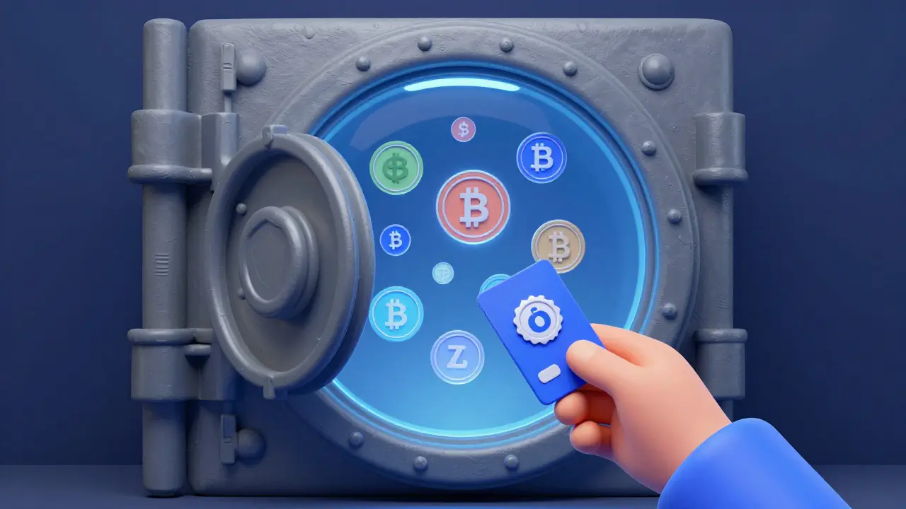 Clay render of a secure vault protecting cryptocurrency assets with a shield symbol