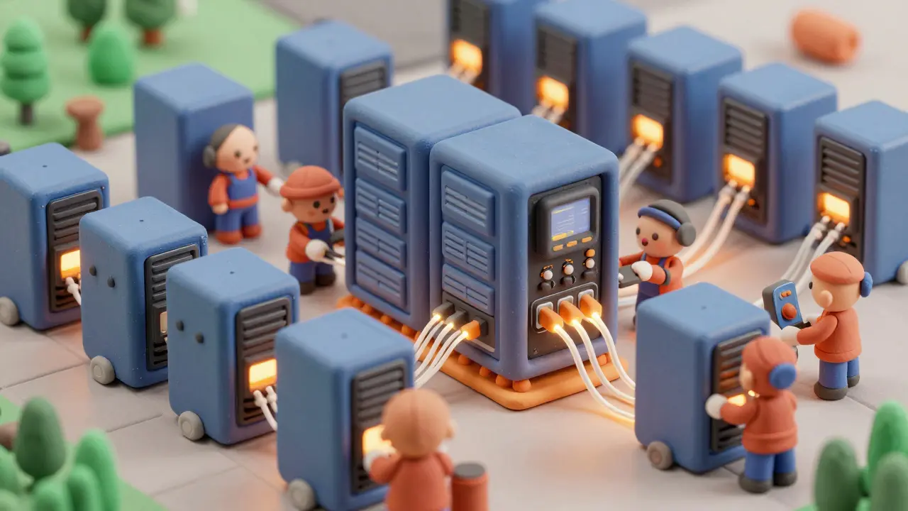 Clay render of cute ASIC miners working together in a collaborative pool farm