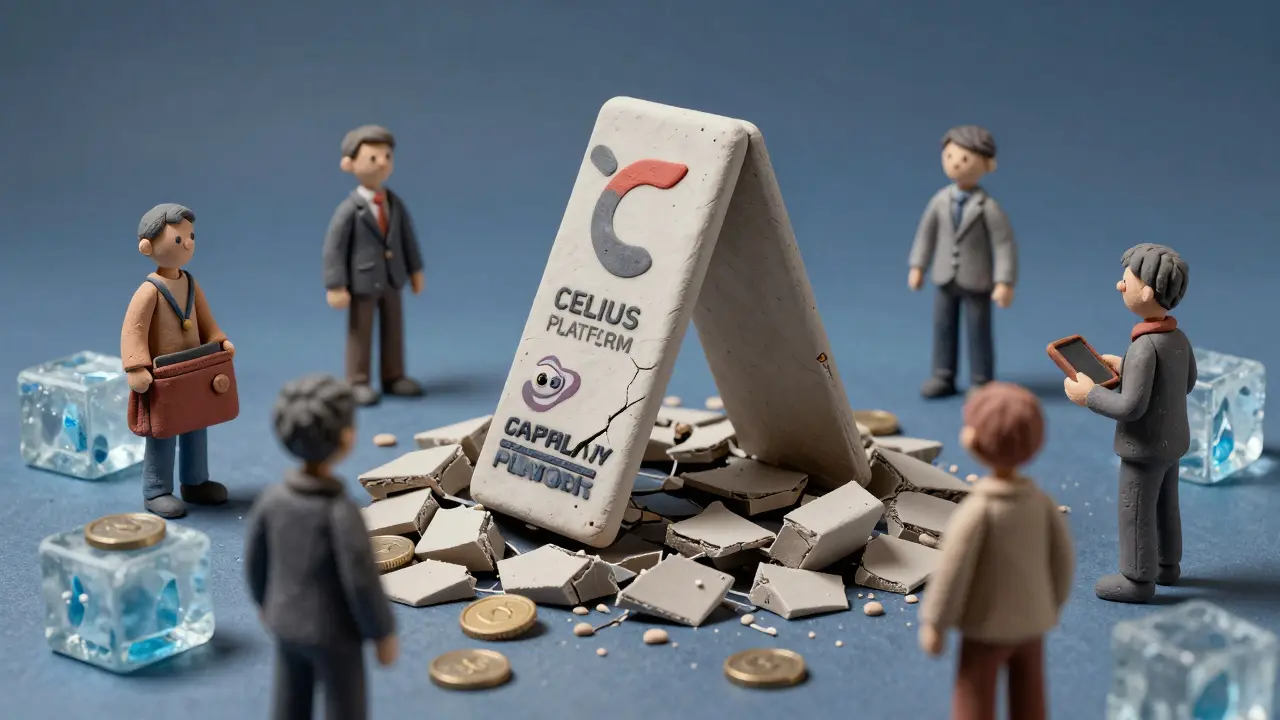 Clay rendering of a collapsing structure and frozen coins, symbolizing the Celsius bankruptcy crash.