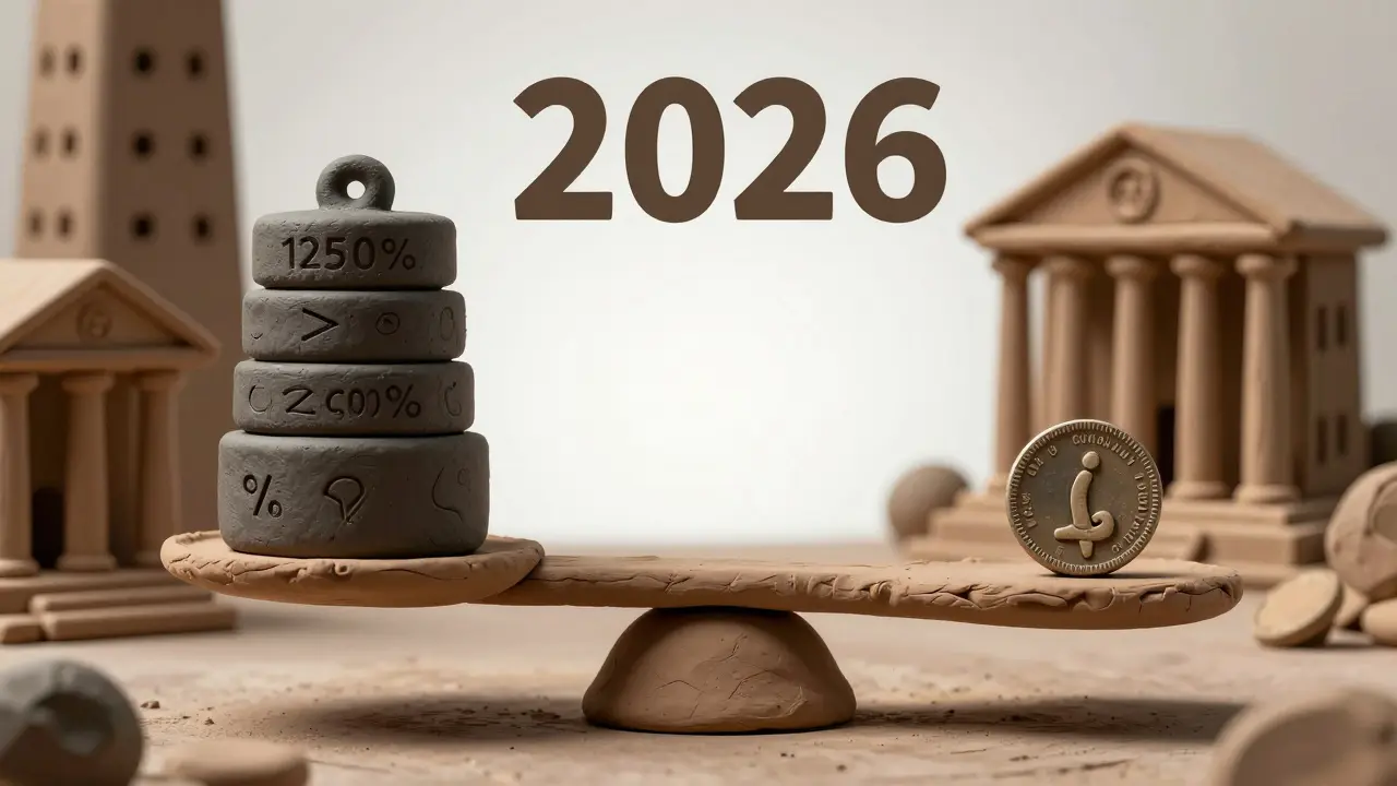 Clay scales balancing heavy weights against a small coin under bank towers