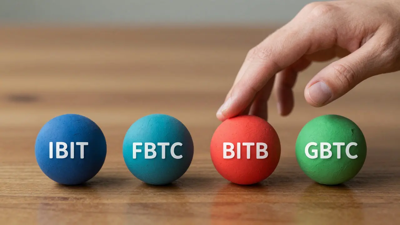 Clay spheres representing Bitcoin ETFs on a desk with a hand selecting one