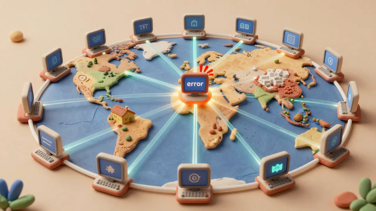 Clay-style computers globally connected, validating transactions and rejecting errors.