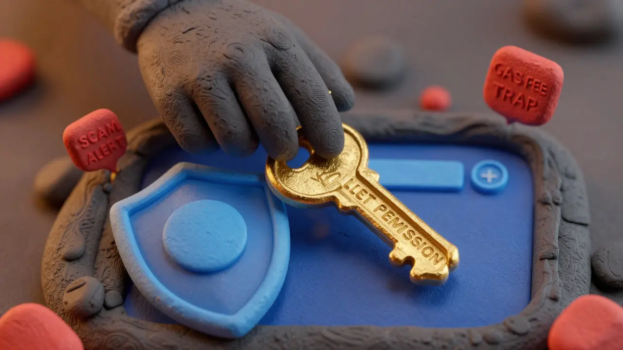 Clay style illustration of a dark hand trying to steal wallet permissions blocked by a shield