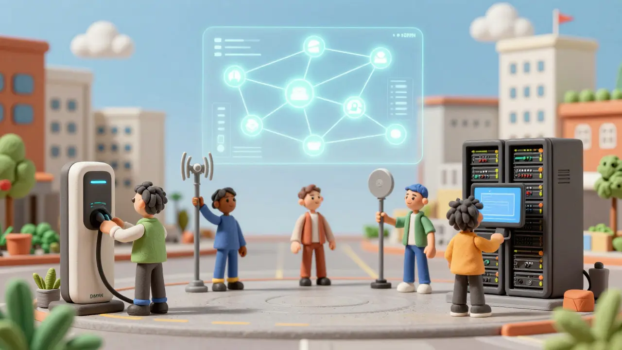 Community of clay figures connecting various DePIN hardware nodes in a plaza