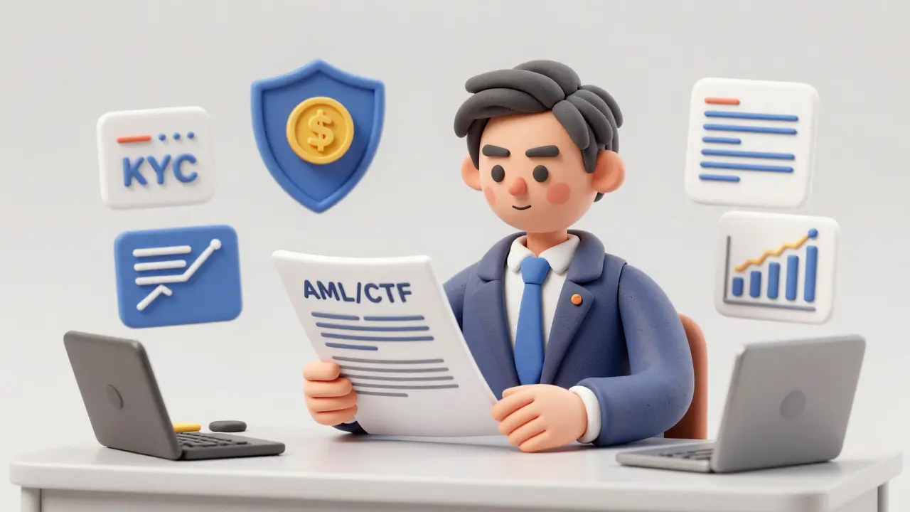 Compliance officer reviewing AML documents with protective shield