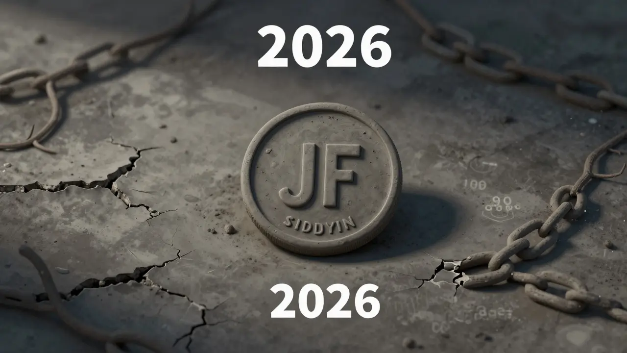 Dusty clay coin on cracked ground symbolizing a dead crypto project with zero value