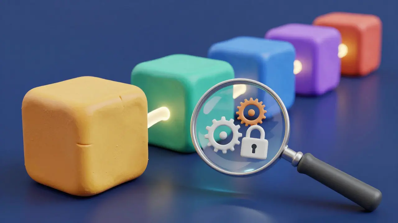 Interlocking clay chain blocks with glowing connections