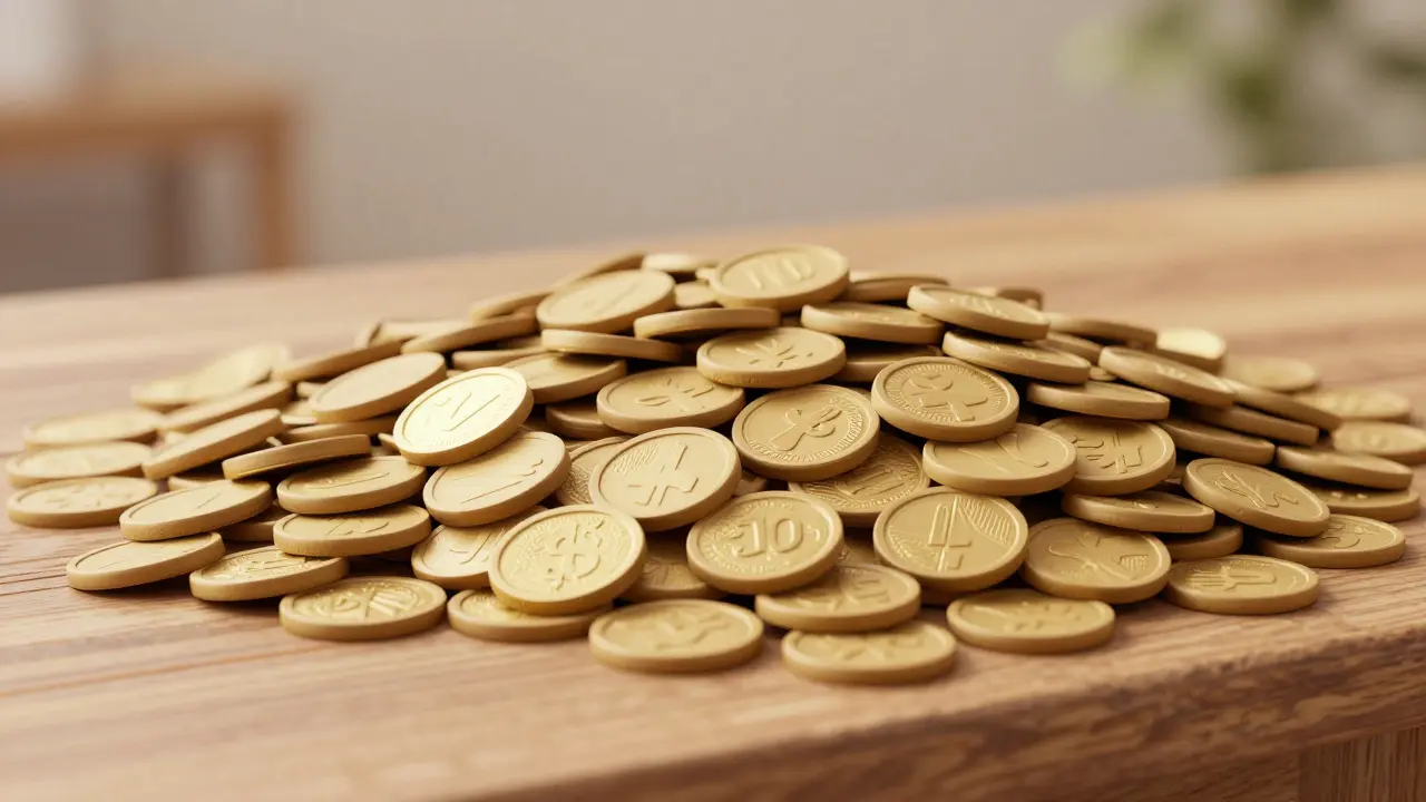 Pile of tiny clay coins symbolizing massive token supply and low value