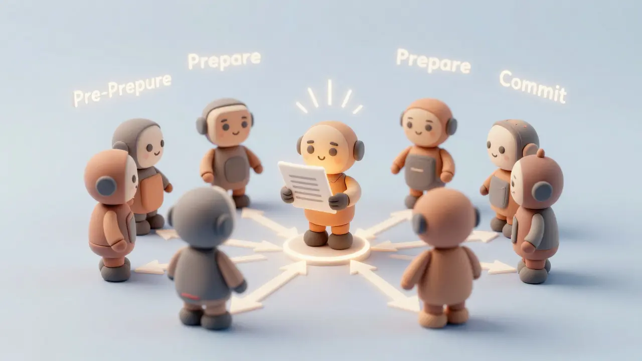 Seven clay robots exchanging data in a circular consensus loop