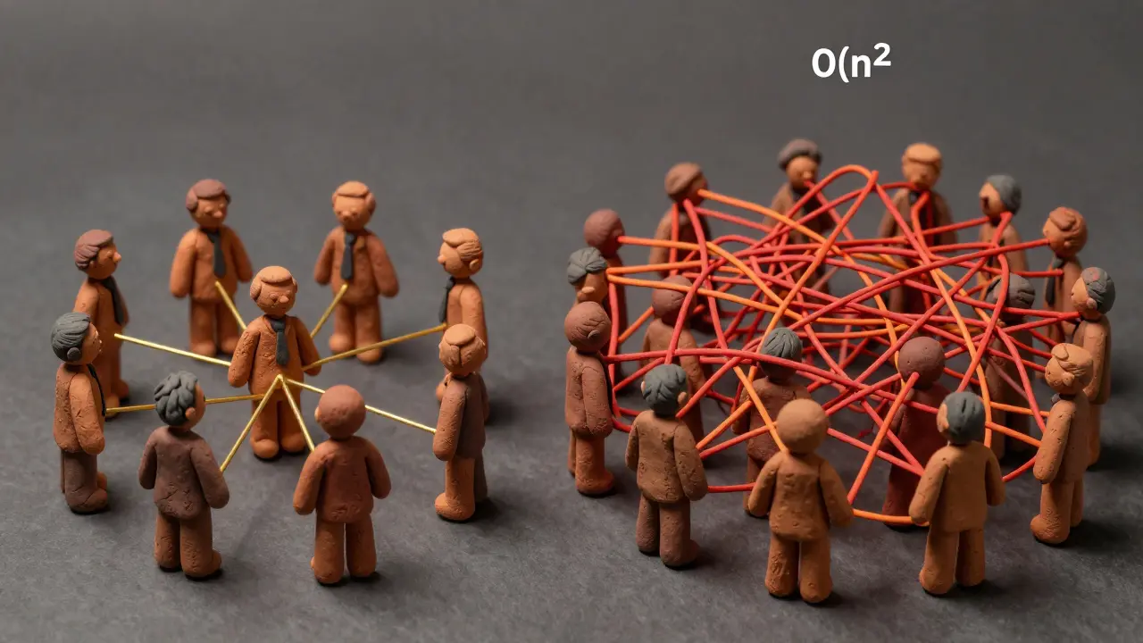 Small orderly group vs large tangled crowd in clay art style