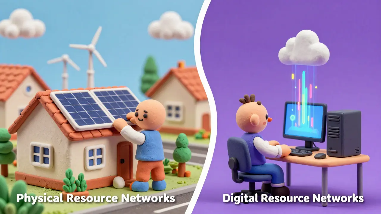 Split screen showing physical solar panels vs digital cloud computing in clay style